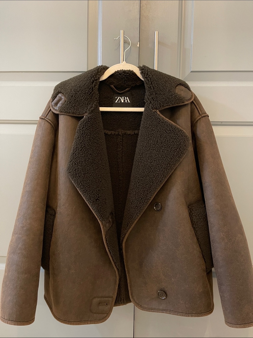 ZARA Women’s Dark Brown Faux-Shearling Aviator Jacket. Never worn.